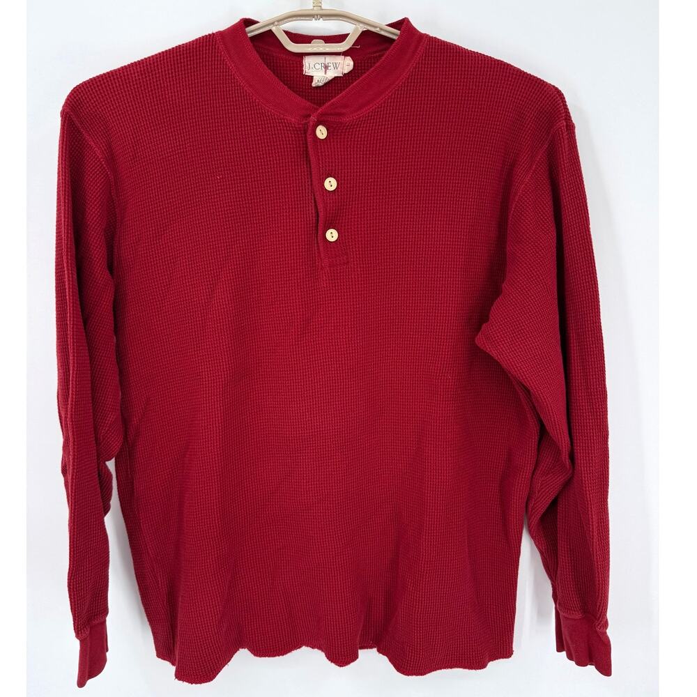 VIntage J Crew Crewsman Thermal Waffle Knit Henley Shirt L/S Shirt Red Large 90s